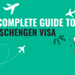 A cheerful traveler holding a passport, surrounded by airplane illustrations, with the text "The Complete Guide to Schengen Visa" on a green background.