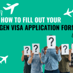 Schengen visa application form with a passport, pen, and travel documents on a desk